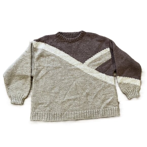 Hand Knit Colorblock Pullover Sweater Oversized Brown/Beige Women's Large - Picture 2 of 5